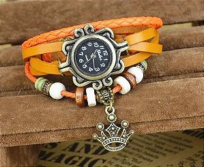 Relogio Vintage Couro Cor : Laranja