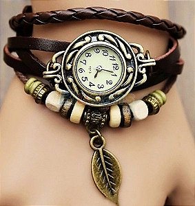 Relogio Vintage Couro Pingente : Folha