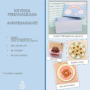 Kit Festa PERSONALIZADA (ANIVERSARIANTE) - Salgado + Doce + Bolo (5 Pessoas)