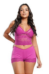 Baby Doll em Microfibra e Renda com Top Cropped e Short de Renda