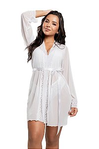 Robe Stella de Tule com Renda Sensual, Mangas Longas e Faixa de Cetim