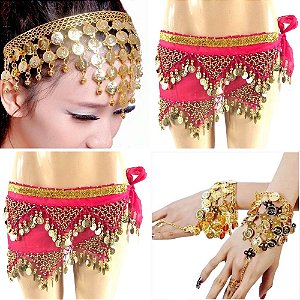 Kit Tiara, Lenço de Quadril E Par de Pulseiras Com Moedas  Dança Do Ventre/Cigana/Indiana - KIT29
