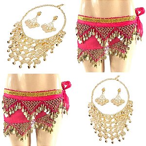 Kit Colar, Brincos E Cinto Lenço de  Quadril Moedas Dança Do Ventre/Cigana/Indiana - KIT30
