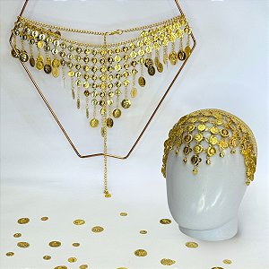 Kit Tiara E Cinto De Moedas Lenço De Quadril Dança Do Ventre/Cigana/Indiana - KIT10
