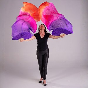 Par Fan Véu Leque Degrade Cores Dança do Ventre - Roxo, rosa e laranja.