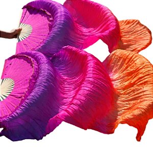 Par Fan Véu Leque Degrade Cores Dança do Ventre - Roxo, rosa e laranja.