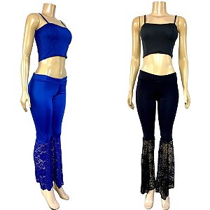 Dança do Ventre Conjunto de Aula Cropped e Calça Flare com Renda na Barra - Pronta entrega