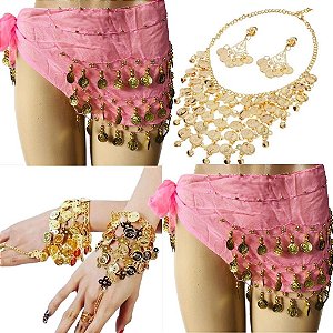 Kit Colar, Par de Pulseiras, Cinto de Moedas Dança do Ventre/Cigana/Indiana - KIT14