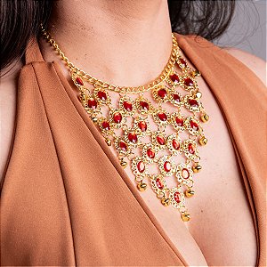 Colar Dourado Com Pedras Vermelhas Dança do Ventre/Cigana/Indiana - CDP