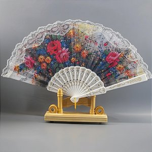 Leque De Mão Tecido Poliester Estampa de flores com detalhe em dourado Com Haste De Plástico Unidade LDP-27