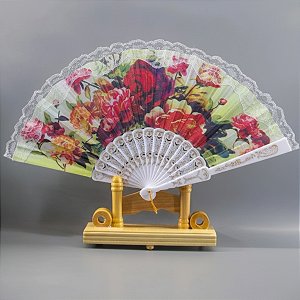 Leque De Mão Tecido Poliester Estampa de flores com detalhe em dourado Com Haste De Plástico Unidade LDP-29