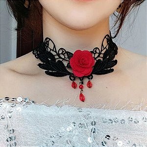 Gargantilha Colar Gótico Renda e Flor Para Dança Cigana - AB76