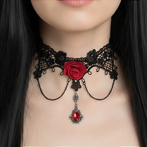 Colar Gargantilha Gótico Vintage Renda e Corrente pedras Para Dança Cigana - AB86