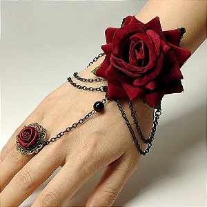 Pulseira de Renda Estilo Gótica Flor Anel Vermelha Bracelete hand harness - AB87
