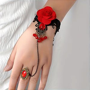 Pulseira de Renda Estilo Gótica Flor Anel Vermelha Bracelete hand harness - AB88