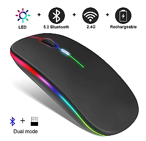 Mouse Sem Fio Recarregável Wireless Bluetooth 5.0 1600DPI, Alcance 10 Metros
