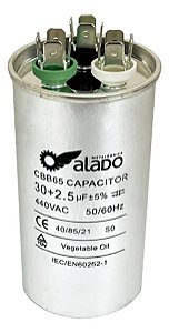 CAPACITOR DUPLO 30+2,5 MFD 440V C/ TERMINAL 50 x 80 CORPO ALUMINIO