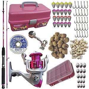 Kit de Pesca Feminino Rosa Vara Molinete Maleta Rosa Tralha