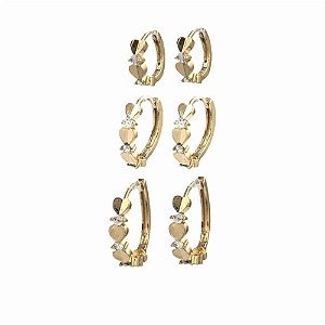 Brinco Folheado 18k Trio Coraçoes e Pontinhos de Luz