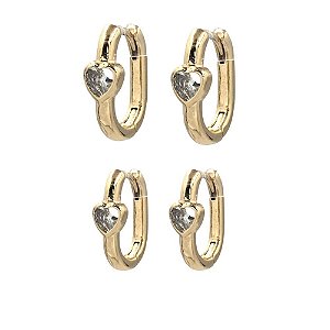 Brinco Folheado 18k Duplo Oval com Coraçao em Zirconia
