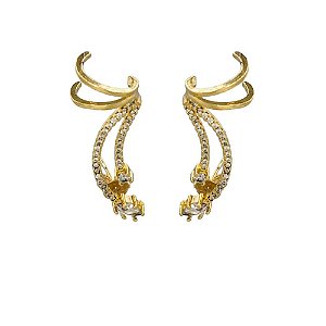 BRINCO FOLHEADO 18K EAR CUFF COM TIRAS EM ZIRCONIA