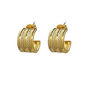 BRINCO FOLHEADO ARO LARGO C/ FAIXA LISA E ZIRCONIA