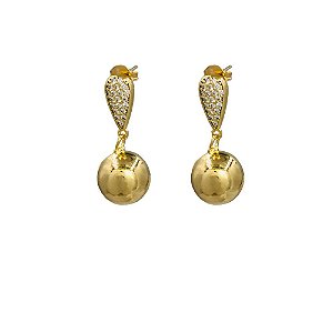 BRINCO FOLHEADO 18K GOTA EM ZIRCONIA C/ BOLA LISA