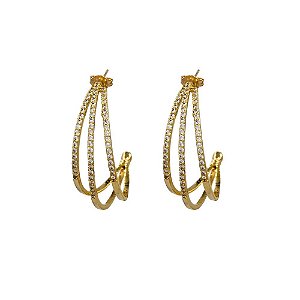BRINCO FOLHEADO 18K C/ FAIXAS LISAS E ZIRCONIA