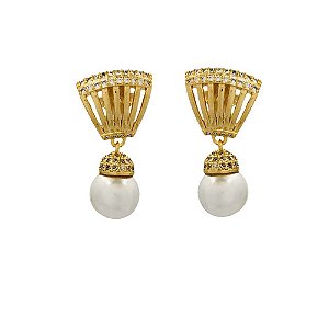 BRINCO FOLHEADO 18K C/ PEROLA PENDURADA  E ZIRCONIA