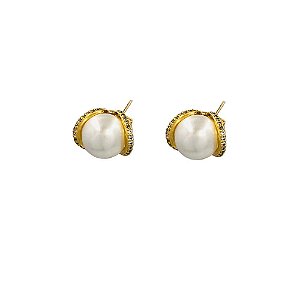 BRINCO FOLHEADO 18K PEROLA C/ DETALHE EM ZIRCONIA