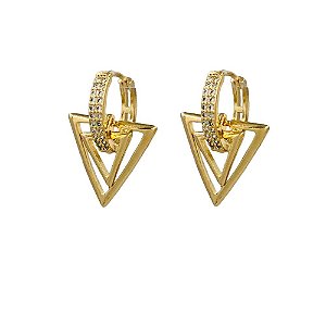 BRINCO FOLHEADO 18K  ARINHO C/ ZIRCONIA E TRIANGULO DUPLO