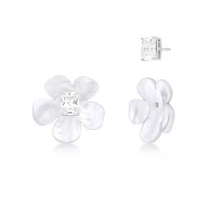 BRINCO 2 EM 1 PEDRA+ MADREPEROLA FLOR RETANGULAR VAZADO LATERAL RODIO