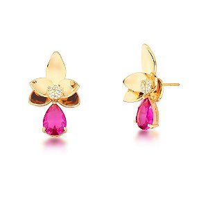 BRINCO FOLHEADO 18K  2 EM 1 PEDRA + ZIRCONIA GOTA PENDULO FLOR