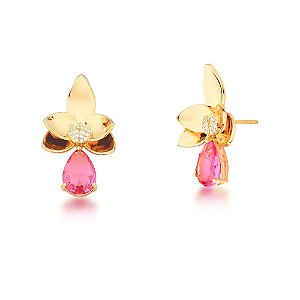 BRINCO FOLHEADO 18K 2 EM 1 PEDRA + ZIRCONIA GOTA PENDULO FLOR