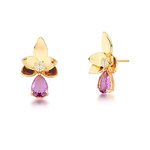 BRINCO FOLHEADO 18K 2 EM 1 PEDRA + ZIRCONIA GOTA PENDULO FLOR