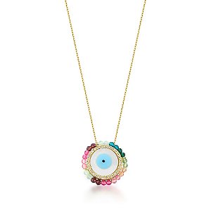 CORRENTE FOLHEADA 18K PEROLA  ZIRCONIA OLHO GREGO 26MM