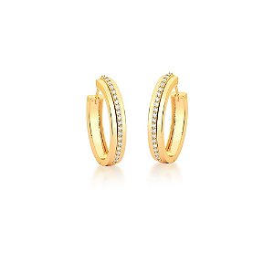BRINCO FOLHEADA 18K ARGOLA ZIRCONIA 1 COLUNA OVAL