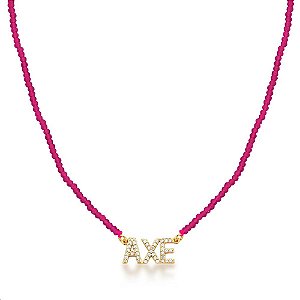 CORRENTE FOLHEADA 18K C/ PING PEDRA CRISTAL BULG. ESCRITA AXE ROSA