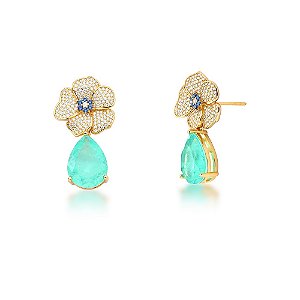 Brinco Folheado 18K Safira Pedra Turmalina Gota/Flor