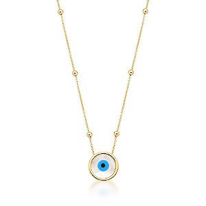 Colar Folheado 18K Bolinhas com Madreperola Olho Grego