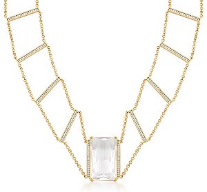CHOKER BAN. DOURADO CRAV. ZIRC BRANCA PEDRA BRANCA VAZADO RETANGULAR