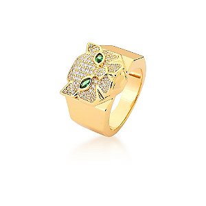 ANEL BAN. DOURADO CRAV. ZIRC BRANCA PEDRA ESMERALDA LEOPARDO (CAT)