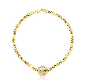 CHOKER BAN. DOURADO CRAV. ZIRC BRANCA PEDRA ESMERALDA ELO GRUMET LEOPARDO