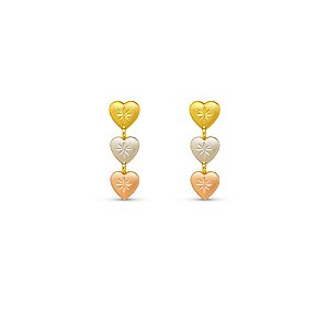 Brinco em Ouro Corações em 3 Cores Amarelo, Branco e Rosê Ref-8.4