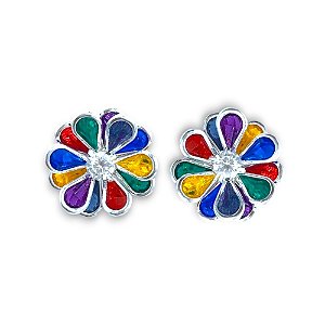 Brinco Folheado Prata Flor em Zirconia Colorida