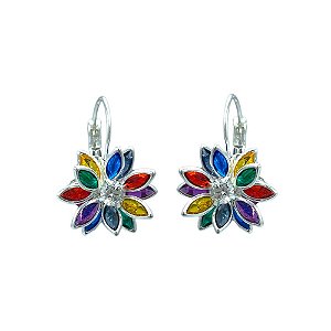 Brinco Folheado Prata Gancho com Flor em Zirconia