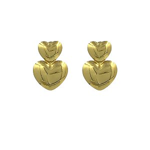 Brinco em Aço Banho Dourado Coraçao Duplo Liso