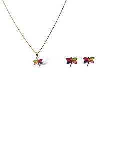 Conjunto Folheado 18k Libelula Esmaltada Colorida
