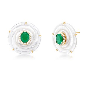 BRINCO MEDIO PEDRA FUSION OVAL + MADRE PEROLA + ZIRCONIA LATERAL VERSO VAZADO CORACAO 11X9MM 34X34X1