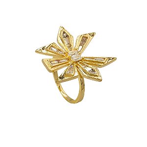 ANEL BAN. DOURADO PEDRA BRANCA FLOR 24MM